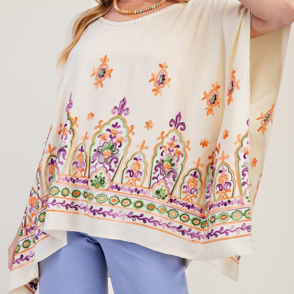 2-0509 Easel Embroidered Flowy Colorful Poncho Style Boho top
